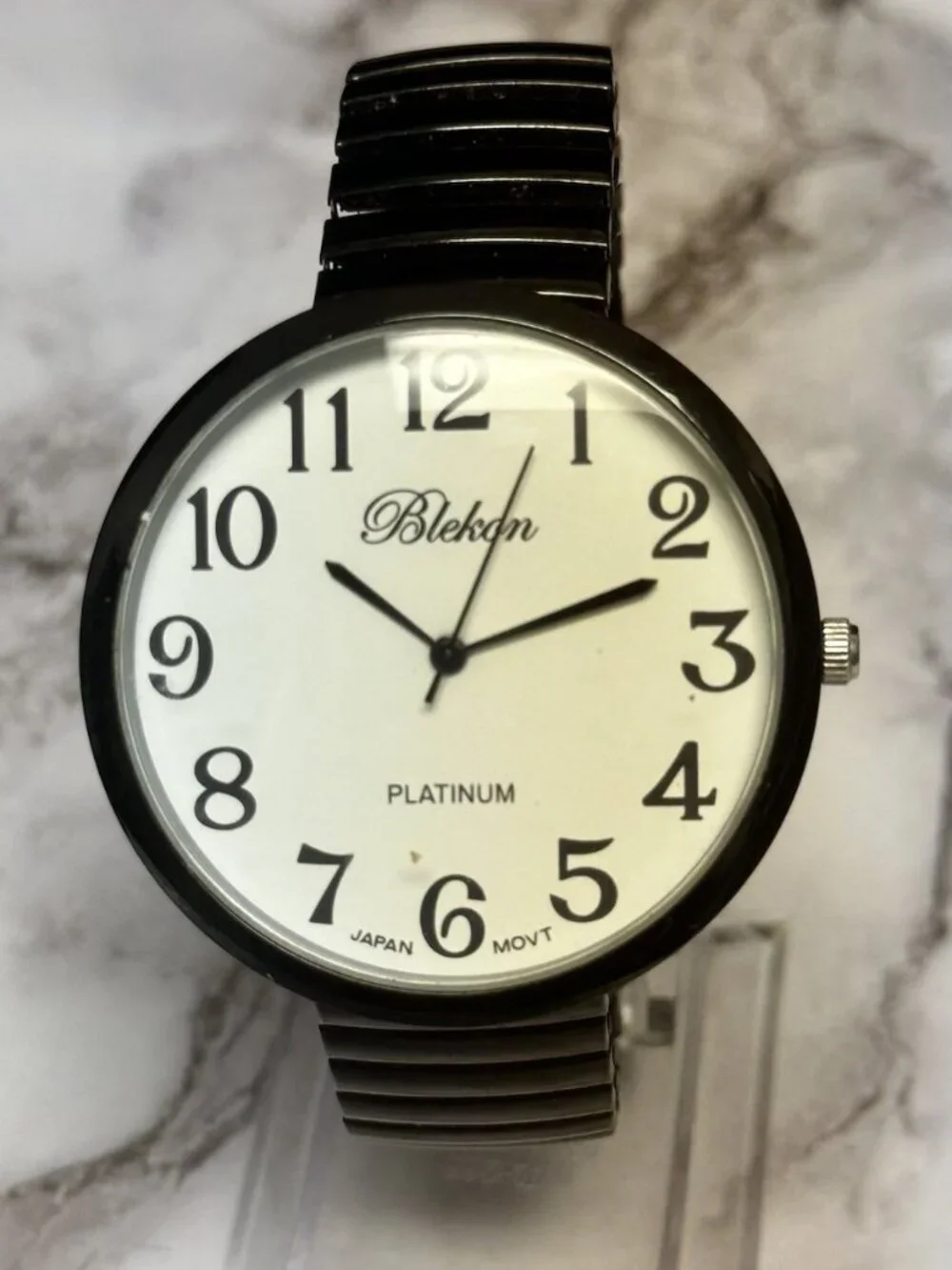 3/$30 Blekon Watch Women Black Easy To Read Dial Stretch Band New Battery 6.75